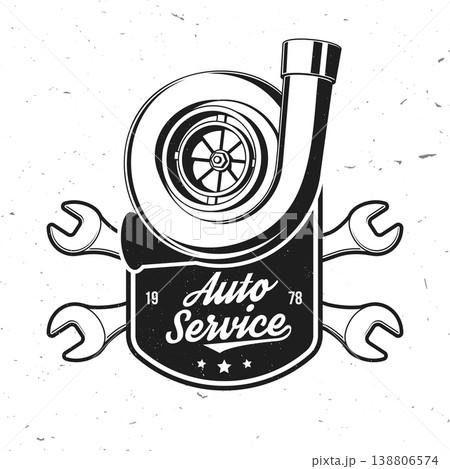 Turbocharger with wrenches auto service badge vector illustration vintage mechanical repair emblem with tools for garage workshop t shirt poster sticker isolated on white background 138806574
