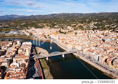 View from drone of Tortosa cityscape on banks of Ebro river View from drone of Tortosa cityscape on banks of Ebro river 138806581