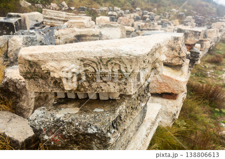 Architectural and sculptural details on ruins of ancient Sagalassos, Turkey 138806613