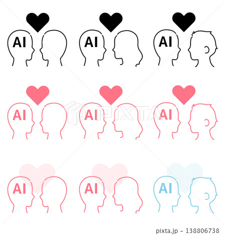 AIと人間の対話やパートナーシップ・人工知能への愛や共感を表現・親和性を表すアイコンセット AIと人間の対話やパートナーシップ・人工知能への愛や共感を表現・親和性を表すアイコンセット 138806738