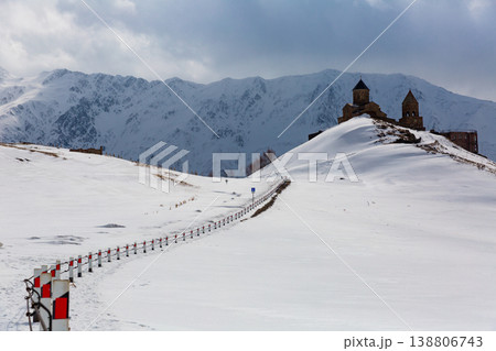 Gergeti Trinity Church against the mountain Kazbek 138806743