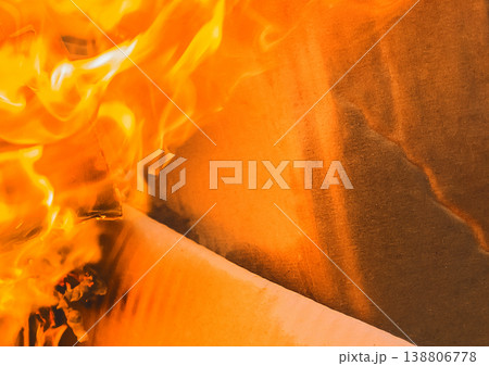 Burning cardboard boxes red-orange flame, paper waste, recycling closeup Burning cardboard boxes red-orange flame, paper waste, recycling closeup 138806778