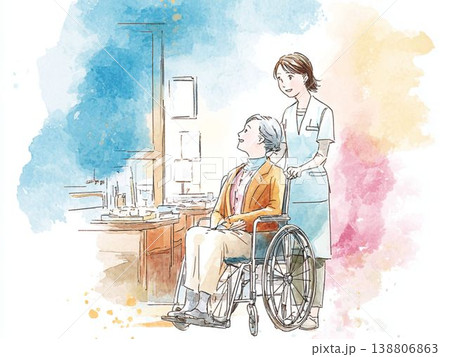 車椅子の高齢女性に寄り添う介護士の笑顔 介護福祉の水彩風イラスト 138806863