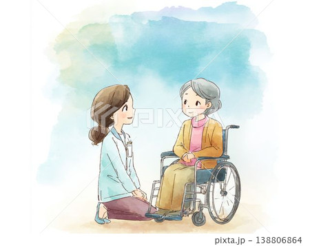 車椅子の高齢女性に寄り添う介護士の笑顔 介護福祉の水彩風イラスト 138806864