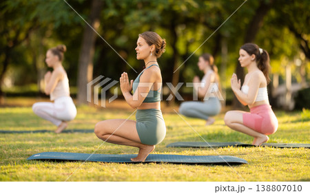 Group of young women doing yoga in park 138807010