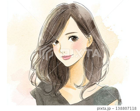 透明感のある笑顔の若い女性 ビューティーをイメージした水彩風ポートレートイラスト 138807118