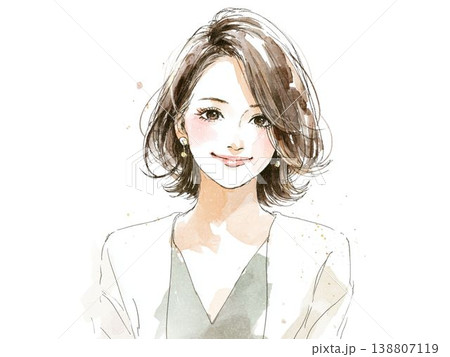 透明感のある笑顔の若い女性 ビューティーをイメージした水彩風ポートレートイラスト 138807119