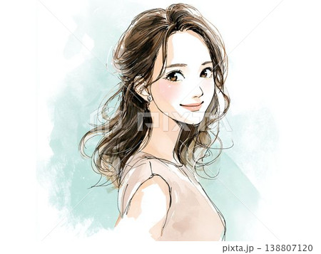 透明感のある笑顔の若い女性 ビューティーをイメージした水彩風ポートレートイラスト 138807120