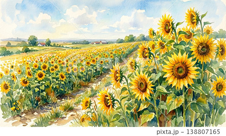 夏のひまわり畑の風景イラスト（水彩・青空・田園風景） 138807165