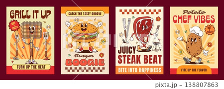Retro barbeque groovy hippie meat characters posters with grill steak, mascot potato, funny burger and bbq grate. Funny summer flyer template with cute doodle vintage elements and checkerboard pattern 138807863