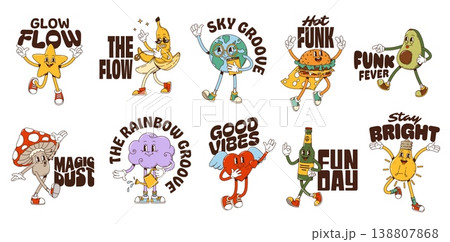 Retro funky Y2K groovy hippie characters stickers. Funky vector dancing and smiling mascots. Star, banana, avocado, lightbulb, fly agaric, Earth, burger, cloud, heart, and beer bottle for Y2K fashion 138807868