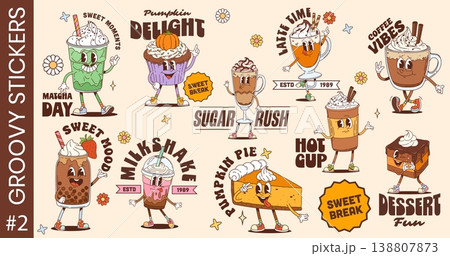 Y2K groovy hippie sweet dessert characters funky stickers. Vector chilled matcha latte, bubble tea, coffee mug, hot cocoa, cupcake, milkshake and slice of pumpkin pie personages Y2K groovy hippie sweet dessert characters funky stickers. Vector chilled matcha latte, bubble tea, coffee mug, hot cocoa, cupcake, milkshake and slice of pumpkin pie personages 138807873