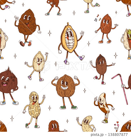 Cartoon groovy nut and seeds character seamless pattern. Fabric vector pattern, textile groovy seamless backdrop with cacao bean pod, almond coconut and walnut, brazil nut, cashew groovy personages 138807877