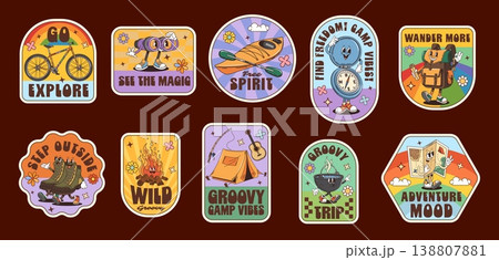 Travel and camp groovy label stickers, adventure trip retro patches with hiking boots, backpack, compass and map vector mascots. Cartoon funky groovy camping tent, guitar, campfire and pot stickers 138807881