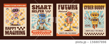 Robots and droids characters Y2K groovy hippie posters and funky banners, cartoon vector. Funny groovy retro robots, funky droids and cyber bots with happy faces and mechanic tools or wrenches Robots and droids characters Y2K groovy hippie posters and funky banners, cartoon vector. Funny groovy retro robots, funky droids and cyber bots with happy faces and mechanic tools or wrenches 138807898