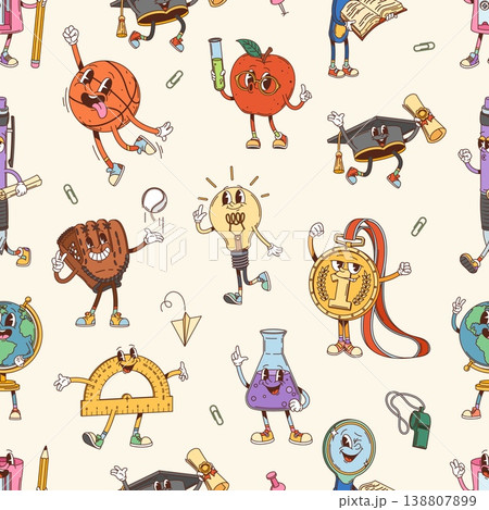 Groovy school education stationery characters vector seamless pattern. Tile background with graduation cap, laboratory flask, paper plane, funky protractor, hippie baseball glove, medal, light bulb. Groovy school education stationery characters vector seamless pattern. Tile background with graduation cap, laboratory flask, paper plane, funky protractor, hippie baseball glove, medal, light bulb. 138807899