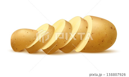 Realistic raw sliced potato vegetable. Isolated 3d vector fresh, brown unpeeled veg with smooth texture and circular cuts, highlights food preparation process, cooking ingredients and natural produce 138807926