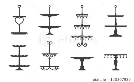 Cake pie platter, stand and tray silhouettes. Wedding and birthday dessert display for serving food for party. Luxury level pedestal for dish, cupcakes and sweets, chocolate, cookies 138807929