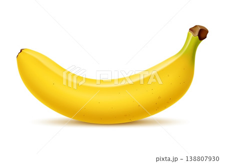 Realistic ripe yellow banana fruit for dessert and sweet food, isolated vector. Fresh unpeeled whole banana fruit in closeup macro 3D for organic juice or smoothie and dessert food product Realistic ripe yellow banana fruit for dessert and sweet food, isolated vector. Fresh unpeeled whole banana fruit in closeup macro 3D for organic juice or smoothie and dessert food product 138807930