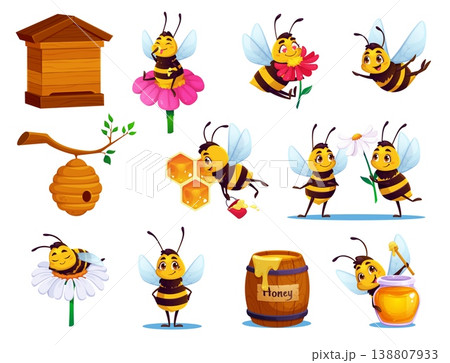 Cartoon funny cute bee characters in various life activities with flowers, hives, honeycombs and jars of honey. Vector set of cheerful insects symbolizing nature, teamwork, sweetness and pollination Cartoon funny cute bee characters in various life activities with flowers, hives, honeycombs and jars of honey. Vector set of cheerful insects symbolizing nature, teamwork, sweetness and pollination 138807933