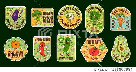 Vegetable groovy label stickers, ripe veggies harvest retro patches, vector farm food. Cartoon funky tomato, pepper, avocado and spinach mascots stickers. Groovy broccoli and carrot vegetables labels 138807984