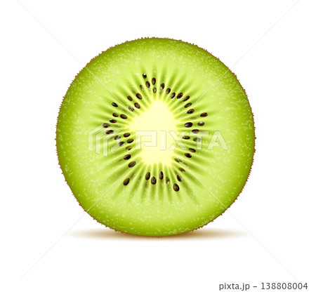 Realistic ripe kiwi fruit half cut for dessert food or sweets, isolated vector. Fresh juicy kiwi fruit with realistic texture cut in half with peel and seeds in macro closeup for jam or lemonade drink 138808004