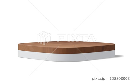 Realistic 3d wooden podium stage with white plate for cosmetic products promotion. Vector modern studio display with smooth rounded and squared surface for branding showcase and presentation mockup 138808008