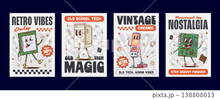 Cartoon funky groovy computer parts and sound device characters. Vector hippie desktop pc and laptop computer equipment mascots of monitor, microphone and keyboard. Retro groovy headphones, USB, mouse 138808013
