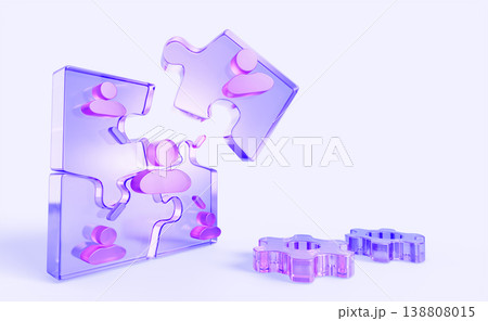 Smart collaboration 3d background. Hologram glass puzzle pieces with employee profiles and isometric gears. Business concept of collaborative development, teamwork and partnership. 3D illustration Smart collaboration 3d background. Hologram glass puzzle pieces with employee profiles and isometric gears. Business concept of collaborative development, teamwork and partnership. 3D illustration 138808015