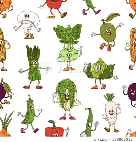 Groovy vegetable characters pattern. Fabric or textile groovy vector seamless pattern or print with pumpkin, bell pepper, onion, olive and corn, romanesco, asparagus and kohlrabi funky personages 138808018