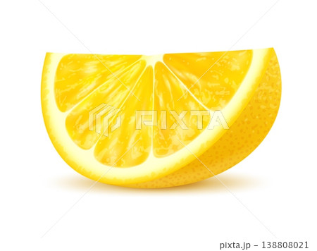 Realistic ripe lemon citrus fruit segment. Isolated 3d vector vibrant yellow plant piece with a bright exterior and zesty flavor. Cooking ingredient for baking, beverages, culinary and refreshing uses 138808021
