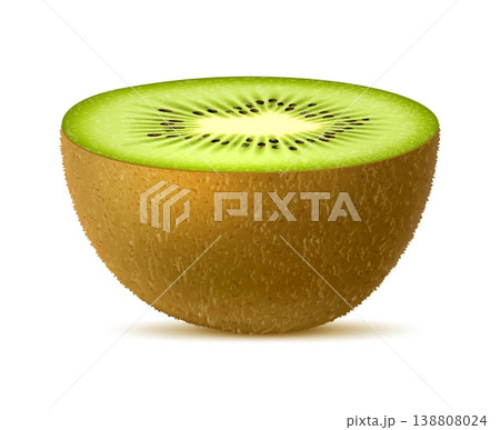 Realistic raw isolated ripe kiwi fruit half slice. 3d vector halved tropical kiwi showing its vibrant green interior, black seeds, and brown fuzzy skin, fresh, juicy texture and cross section view Realistic raw isolated ripe kiwi fruit half slice. 3d vector halved tropical kiwi showing its vibrant green interior, black seeds, and brown fuzzy skin, fresh, juicy texture and cross section view 138808024