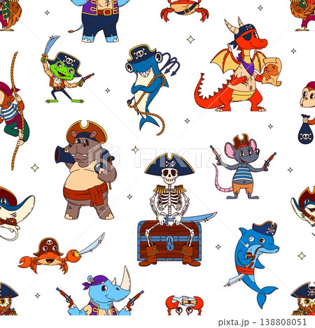 Seamless pattern of animal pirate and corsair ship crew characters. Cute hippopotamus, frog, skeleton, mouse, dolphin, crab, hammerhead fish, monkey, rhinoceros, dragon personage for kids textile Seamless pattern of animal pirate and corsair ship crew characters. Cute hippopotamus, frog, skeleton, mouse, dolphin, crab, hammerhead fish, monkey, rhinoceros, dragon personage for kids textile 138808051
