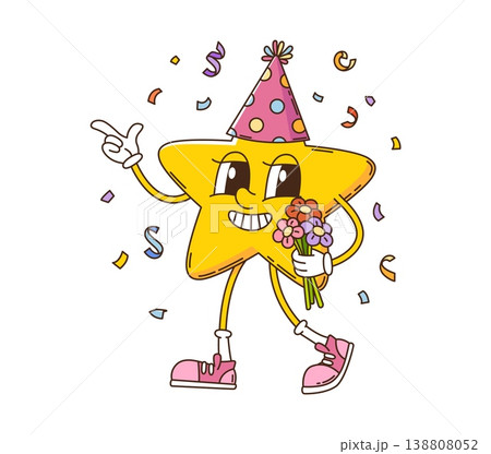 Cartoon groovy star character. Funky, smiling star mascot with birthday party hat, vibrant pink sneakers, and holding cheerful bouquet of flowers, walking through a shower of festive confetti Cartoon groovy star character. Funky, smiling star mascot with birthday party hat, vibrant pink sneakers, and holding cheerful bouquet of flowers, walking through a shower of festive confetti 138808052