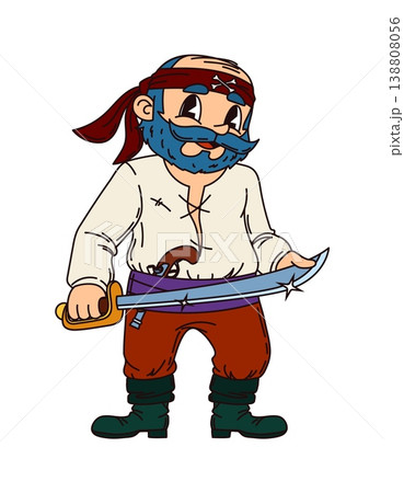 Grey haired corsair pirate cartoon funny character. Corsair bandit cute personage, Caribbean pirate happy vector character. Filibuster captain cheerful mascot with grey beard, armed with cutlass sword 138808056