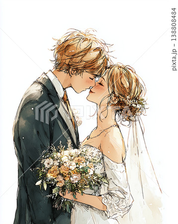キスをする新郎新婦結婚イラスト 138808484