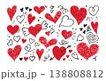 Crayon doodle hearts set. Chalk texture hand drawn red heart icon collection. Pencil love sign. Kid school crayon drawing. Scribble cute love shape. Vector illustration isolated on white background 138808812