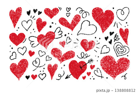 Crayon doodle hearts set. Chalk texture hand drawn red heart icon collection. Pencil love sign. Kid school crayon drawing. Scribble cute love shape. Vector illustration isolated on white background 138808812