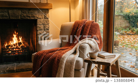 comfortable reading corner featuring cozy armchair warm orange knitted blanket hot tea mug book near burning fireplace rainy autumn weather outside glass window 138808845