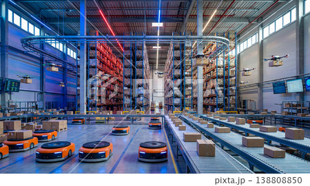 Futuristic industrial distribution center showing automated guided vehicles and flying drones transporting cardboard packages through massive modern storage facility racks Futuristic industrial distribution center showing automated guided vehicles and flying drones transporting cardboard packages through massive modern storage facility racks 138808850