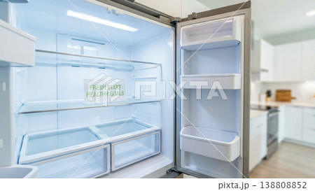 Empty modern clean open home refrigerator displaying paper sign reading fresh start healthy goals inside bright contemporary kitchen interior waiting for groceries 138808852