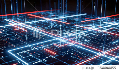 abstract futuristic technology background neon glowing lines grid matrix data transfer cyber network cyberspace digital connection electronic circuit board artificial intelligence concept 138808855