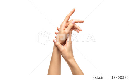 Close up of female hands applying moisturizing cream or lotion isolated on white background for skincare beauty and dermatology health concept Close up of female hands applying moisturizing cream or lotion isolated on white background for skincare beauty and dermatology health concept 138808870