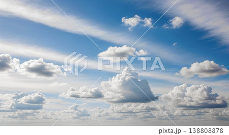 Beautiful blue sky featuring fluffy white cumulus clouds representing pure natural atmosphere perfect bright summer day weather background outdoor climate beauty 138808878