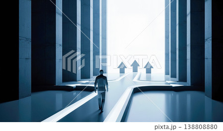 Male manager silhouette standing on modern concrete crossroads facing multiple glowing arrows choosing right direction future business strategy career decision monumental architecture background 138808880