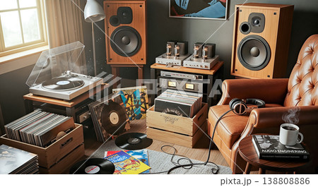 cozy retro living room interior displaying vintage audio system wooden speakers turntable vinyl records scattered on floor comfortable leather armchair 138808886