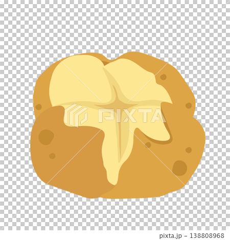 An illustration of a steamed, cracked potato. 138808968