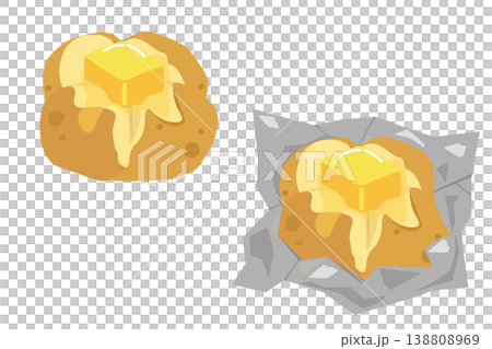 A set of illustrations showing steamed potatoes topped with butter (both plain and foil-wrapped). 138808969