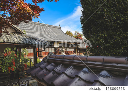 Nov 24 2025 Zen temple main hall framed by seasonal garden windows 138809268