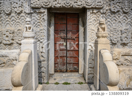 Entrance to carved stone shrine of 15 century Imperial Palace in Forbidden City in Beijing, China 138809319